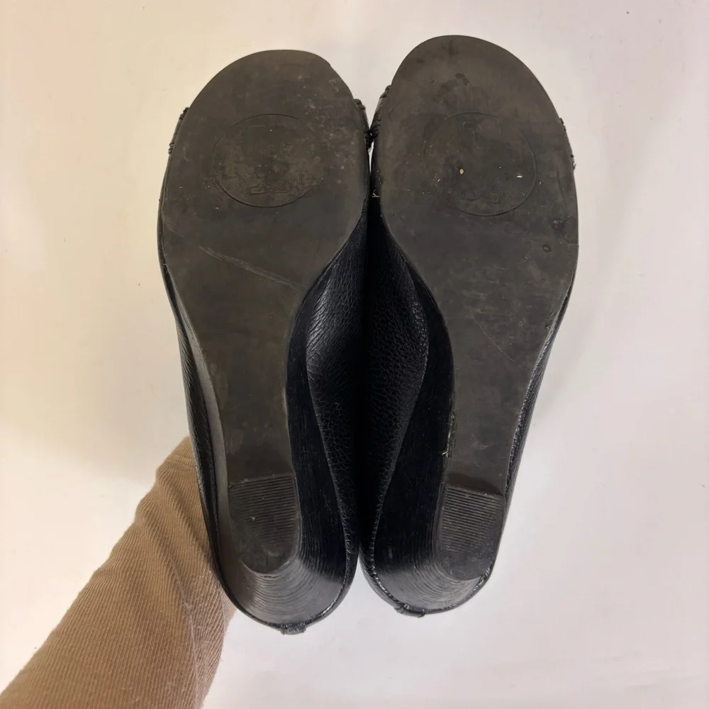 Tory Burch Black Leather Wedge Pumps with Gold Logo Trim 8.5‎